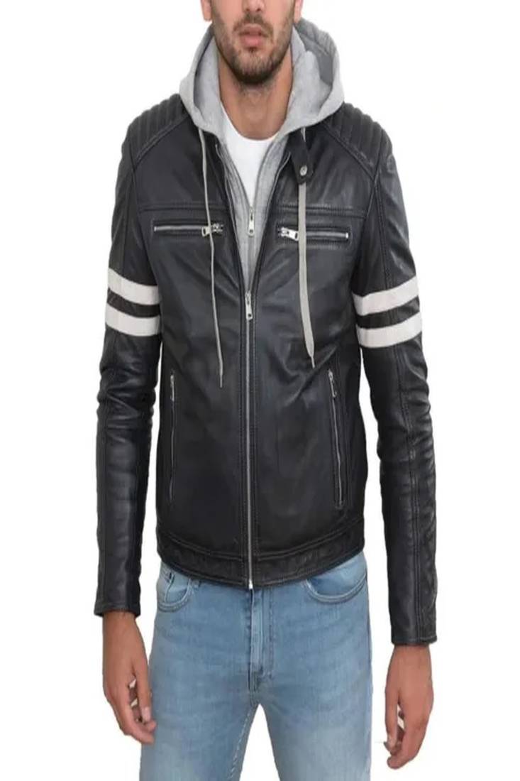 Men's black lambskin leather jacket -hoodie style