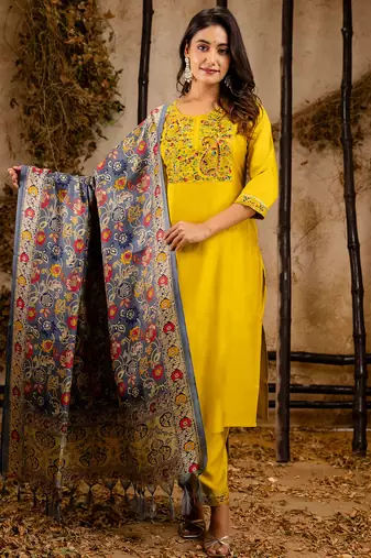 yellow fancy viscose rayon kurta set