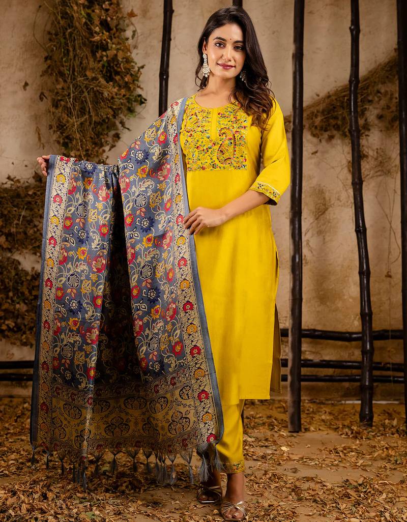 yellow fancy viscose rayon kurta set