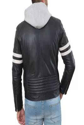 Men's black lambskin leather jacket -hoodie style 2