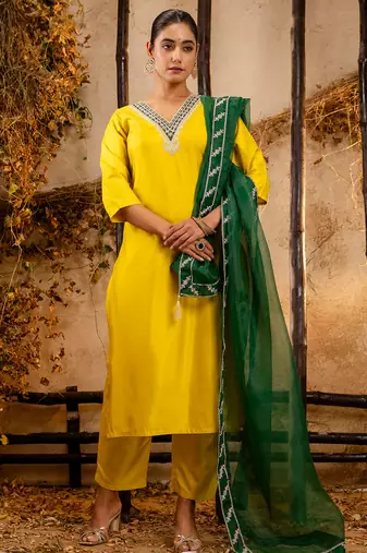 yellow fancy silk blend kurta set