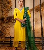 yellow fancy silk blend kurta set