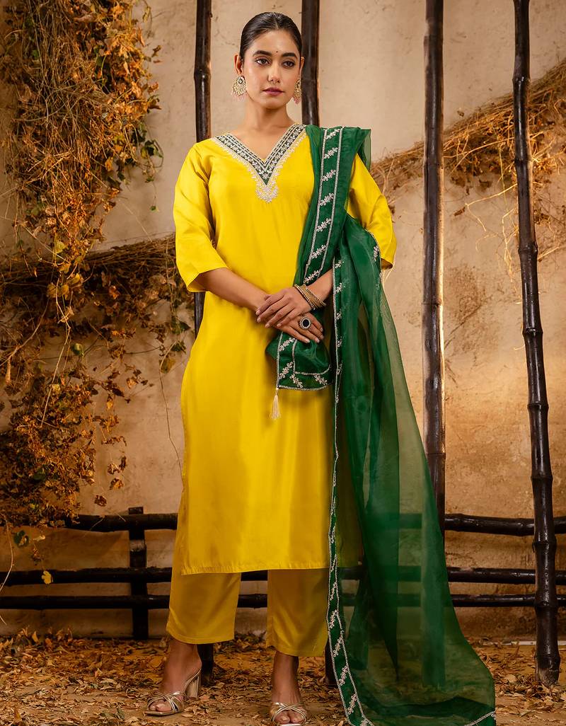 yellow fancy silk blend kurta set