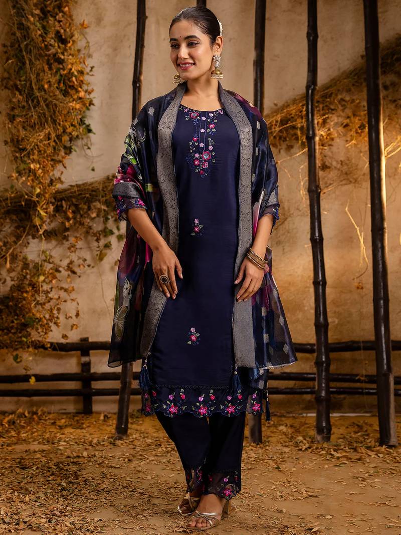 navy-blue fancy viscose kurta set