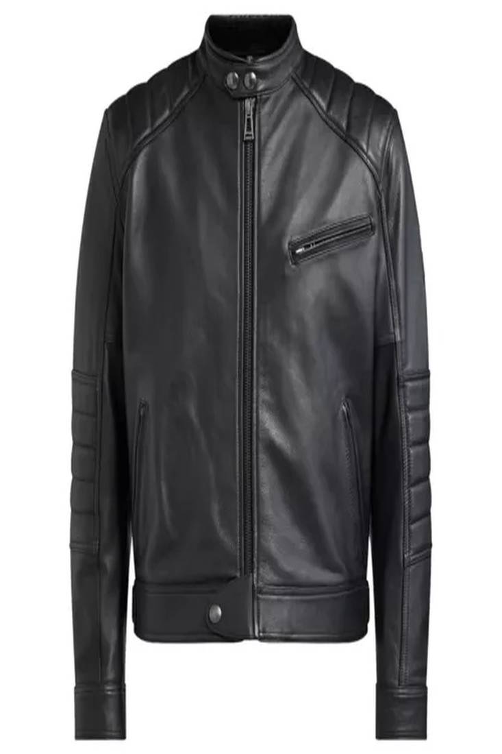 Men's black lambskin leather jacket - zipper style shoulder quilted