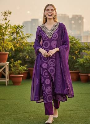 Women's purple rayon printed with embroidery worked straight kurta set with pant & dupatta 4