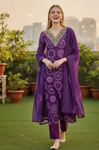 Women's purple rayon printed with embroidery worked straight kurta set with pant & dupatta