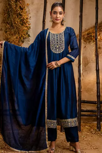blue fancy silk blend kurta set