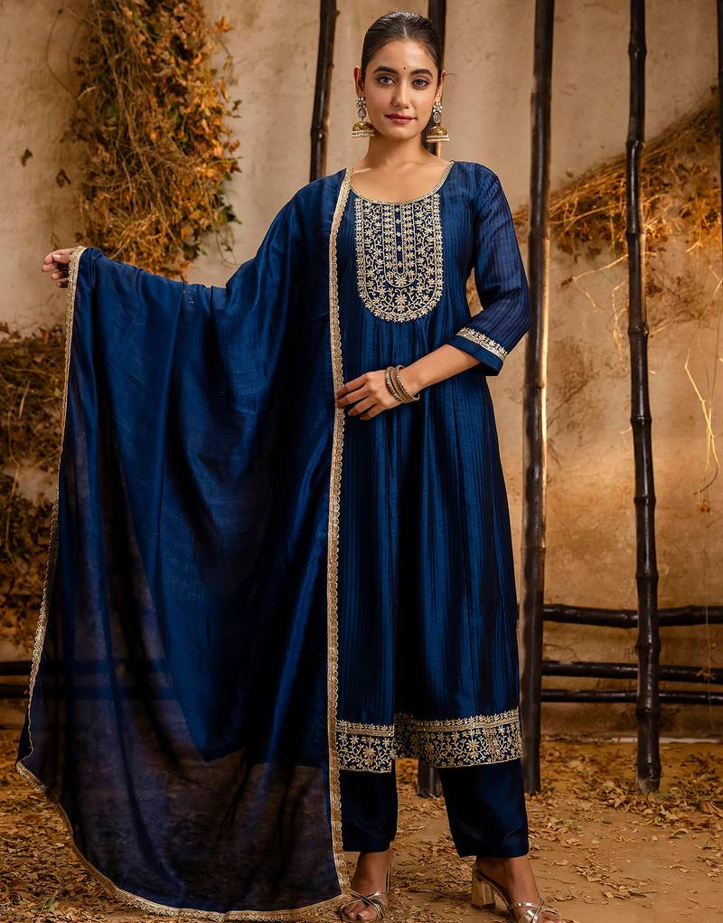 blue fancy silk blend kurta set
