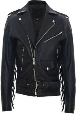 Men's black  lambskin leather jacket -lapel shoulder back fringe zipper style 1