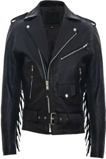 Men's black  lambskin leather jacket -lapel shoulder back fringe zipper style