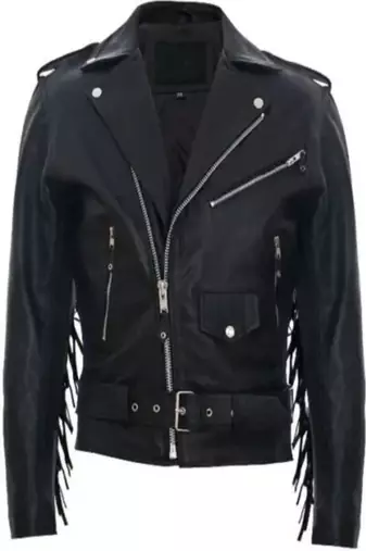 Men's black  lambskin leather jacket -lapel shoulder back fringe zipper style