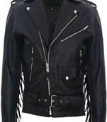 Men's black  lambskin leather jacket -lapel shoulder back fringe zipper style
