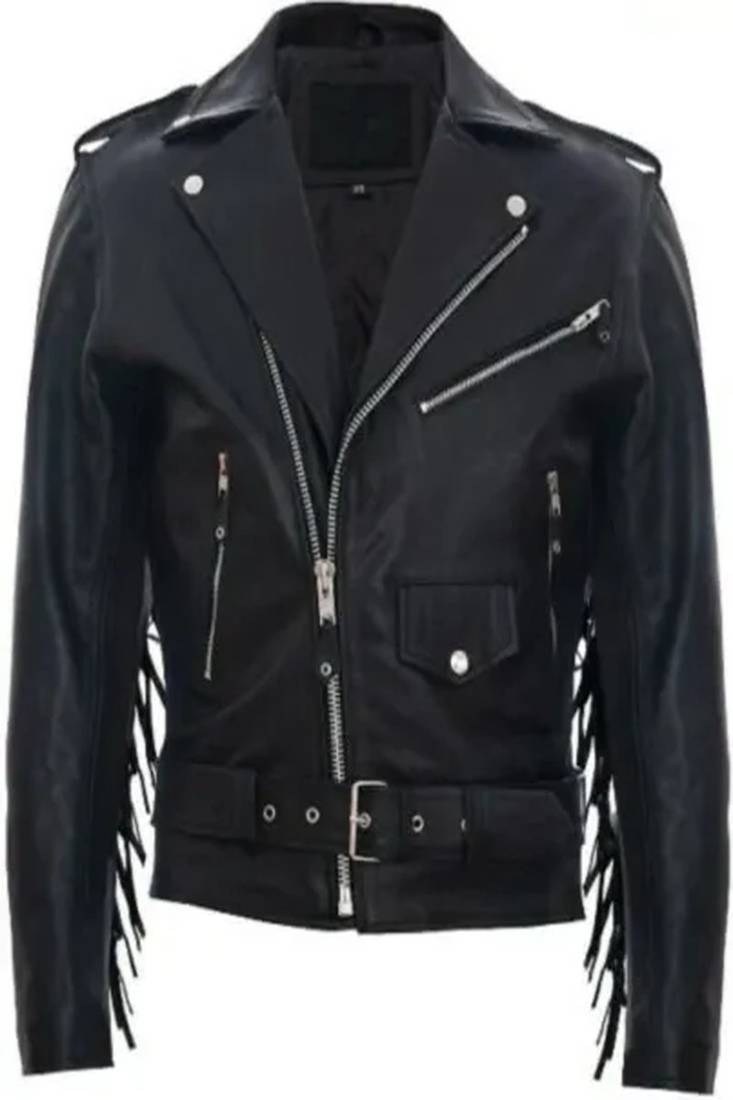 Men's black  lambskin leather jacket -lapel shoulder back fringe zipper style