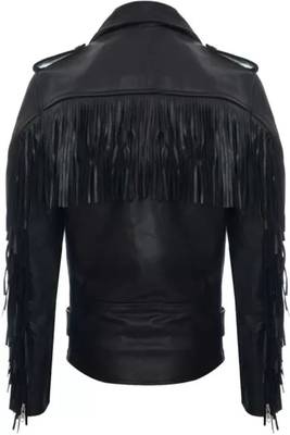 Men's black  lambskin leather jacket -lapel shoulder back fringe zipper style 2