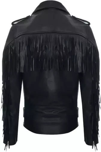 Men's black  lambskin leather jacket -lapel shoulder back fringe zipper style