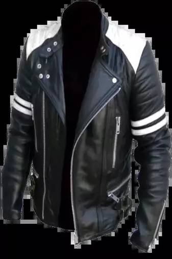 Men's black biker white strip lambskin leather jacket