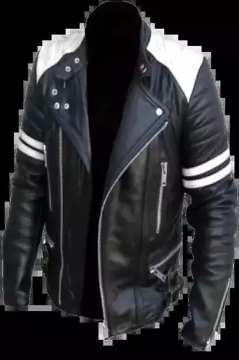 Men's black biker white strip lambskin leather jacket