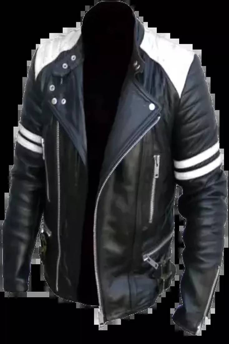 Men's black biker white strip lambskin leather jacket