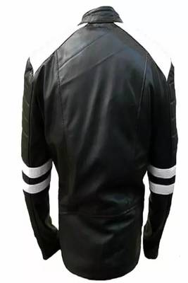 Men's black biker white strip lambskin leather jacket 2