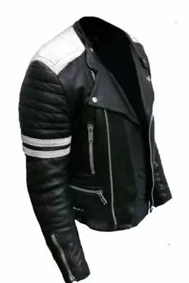 Men's black biker white strip lambskin leather jacket 3