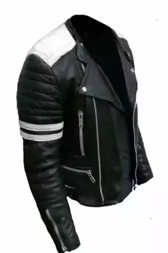 Men's black biker white strip lambskin leather jacket