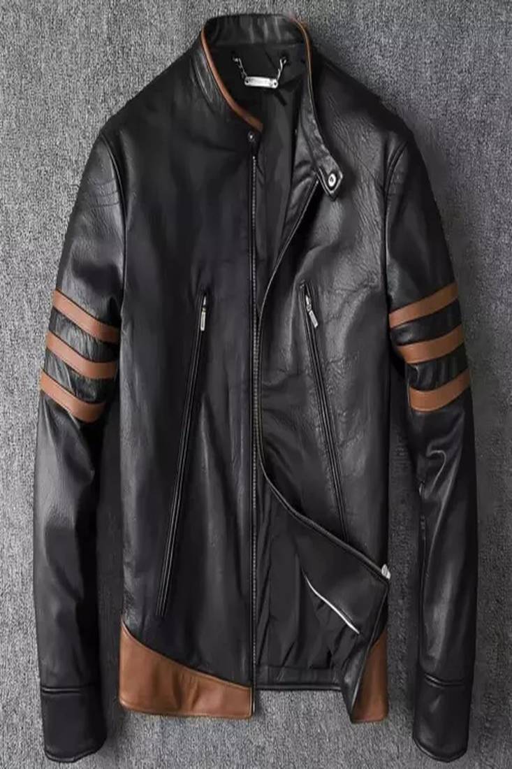 Mens brown hand strip lambskin genuine leather jacket biker motorcycle jacket
