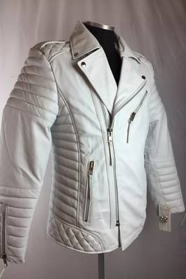 Mens white motorcycle jacket  pure lambskin genuine leather quilted 1