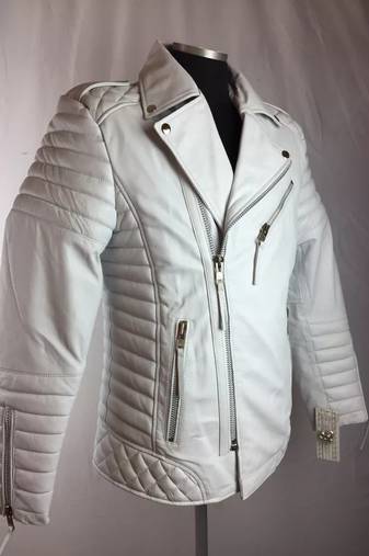 Mens white motorcycle jacket  pure lambskin genuine leather quilted