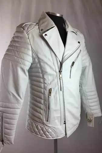 Mens white motorcycle jacket  pure lambskin genuine leather quilted