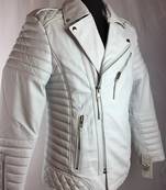 Mens white motorcycle jacket  pure lambskin genuine leather quilted