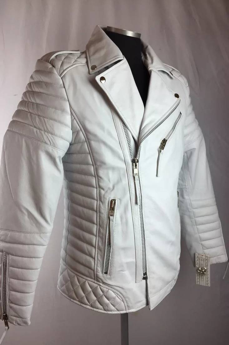 Mens white motorcycle jacket  pure lambskin genuine leather quilted