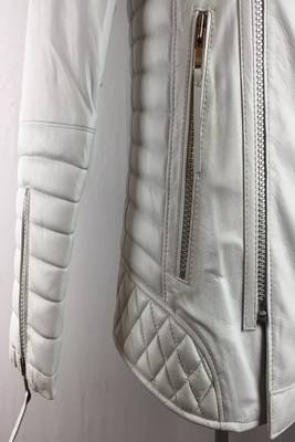 Mens white motorcycle jacket  pure lambskin genuine leather quilted 3