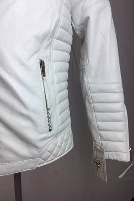 Mens white motorcycle jacket  pure lambskin genuine leather quilted 4