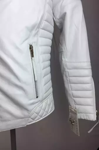 Mens white motorcycle jacket  pure lambskin genuine leather quilted