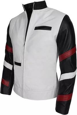Mens white soft motorcycle jacket genuine leather strip design 1