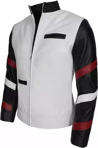 Mens white soft motorcycle jacket genuine leather strip design