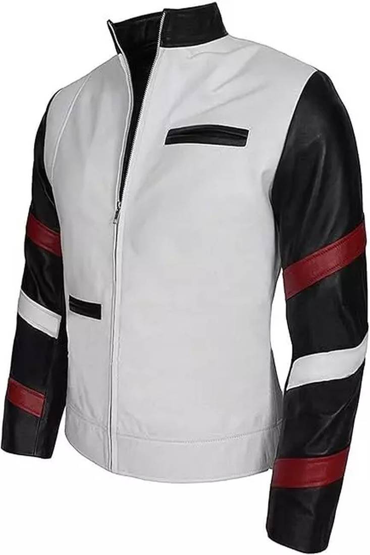 Mens white soft motorcycle jacket genuine leather strip design