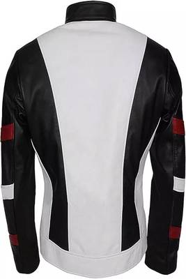 Mens white soft motorcycle jacket genuine leather strip design 2