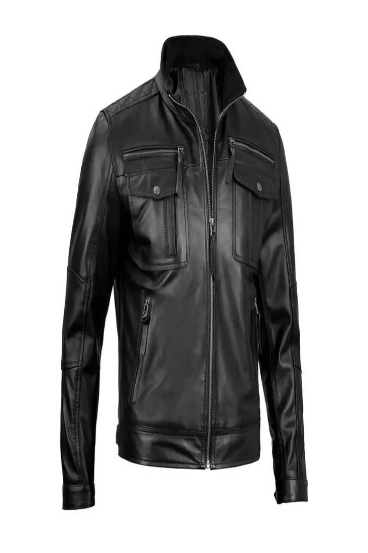 Mens soft motorcycle jacket pure lambskin leather jacket 2 pocket