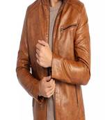 Mens brown genuine lambskin leather jacket quilted zipper detail