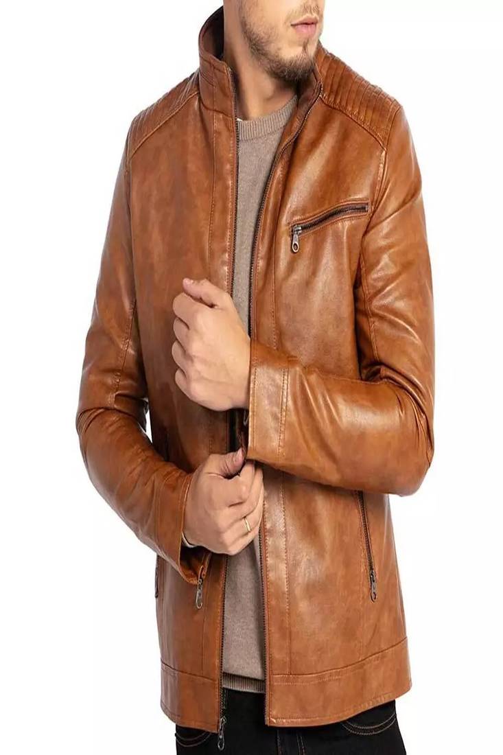 Mens brown genuine lambskin leather jacket quilted zipper detail