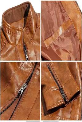 Mens brown genuine lambskin leather jacket quilted zipper detail 2