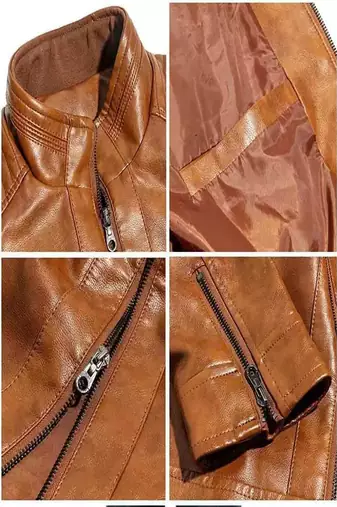 Mens brown genuine lambskin leather jacket quilted zipper detail