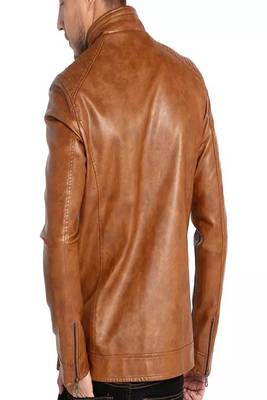 Mens brown genuine lambskin leather jacket quilted zipper detail 3