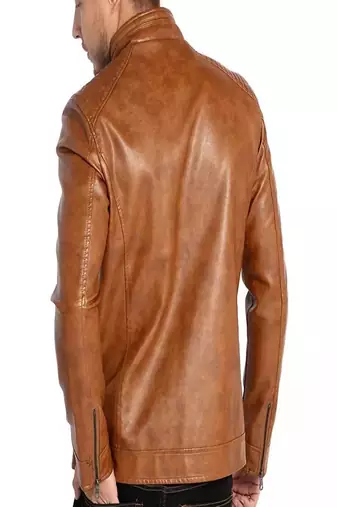 Mens brown genuine lambskin leather jacket quilted zipper detail