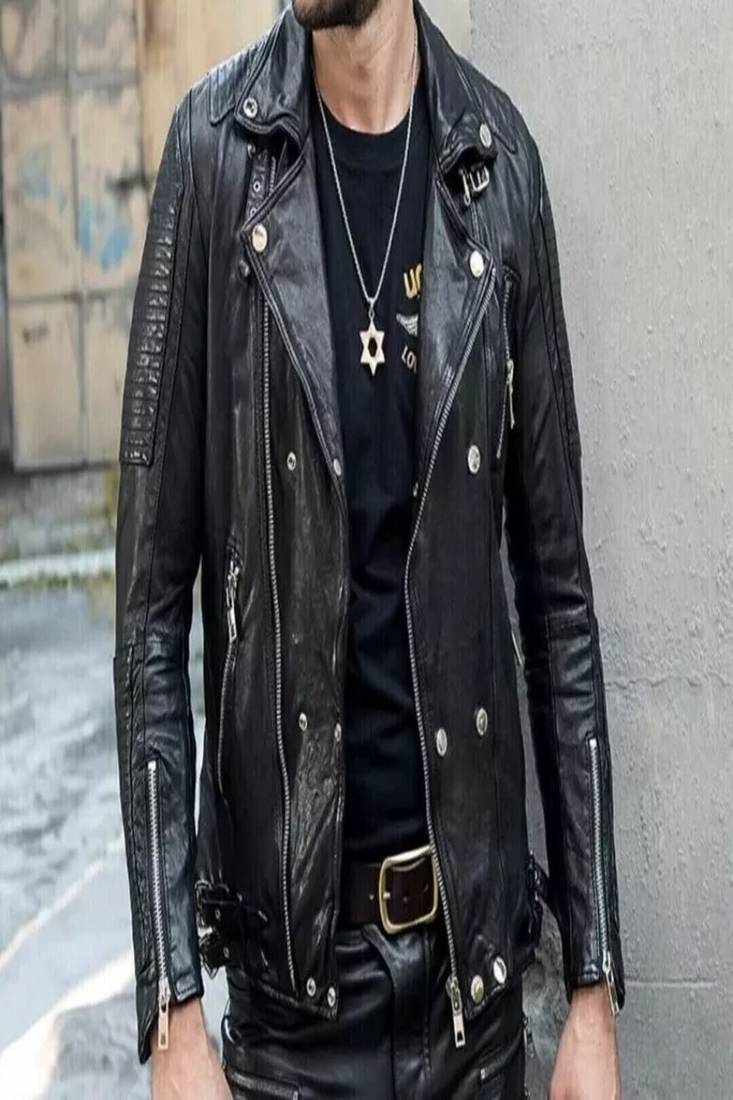 Mens black genuine lambskin leather jacket quilted hand zipper