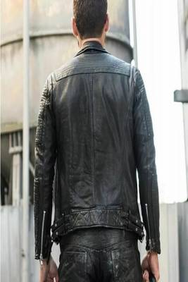 Mens black genuine lambskin leather jacket quilted hand zipper 2