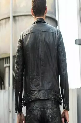 Mens black genuine lambskin leather jacket quilted hand zipper