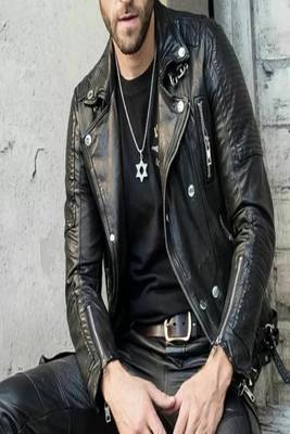 Mens black genuine lambskin leather jacket quilted hand zipper 3